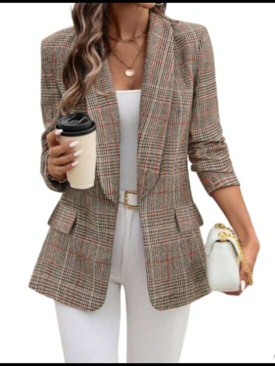 Jackets & Blazers - Plaid Shawl Collar Blazer Business Casual Open Front Womens